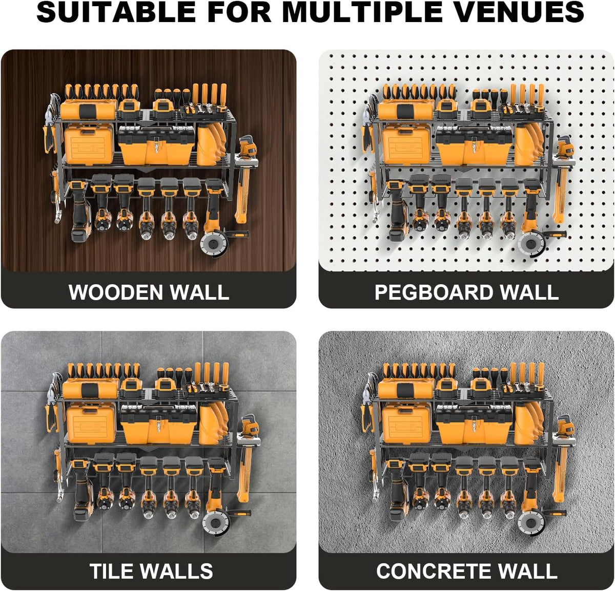 Large Power Tool Organizer Wall Mount, Power Tool Shelf System Battery Storage with 8 Cordless Drill Holder，3 Layers Heavy Duty Metal Loads 450lbs，Utility Racks for Garage Workshop