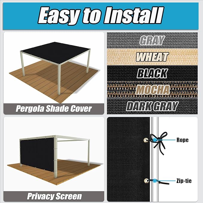 Amagenix 90% Shade Fabric 6'X 16' Black Sun Shade Cloth with Grommets for Pergola Replacement Shade Cover Canopy, Heavy Duty, Cable Zip Ties Included (We Customized)