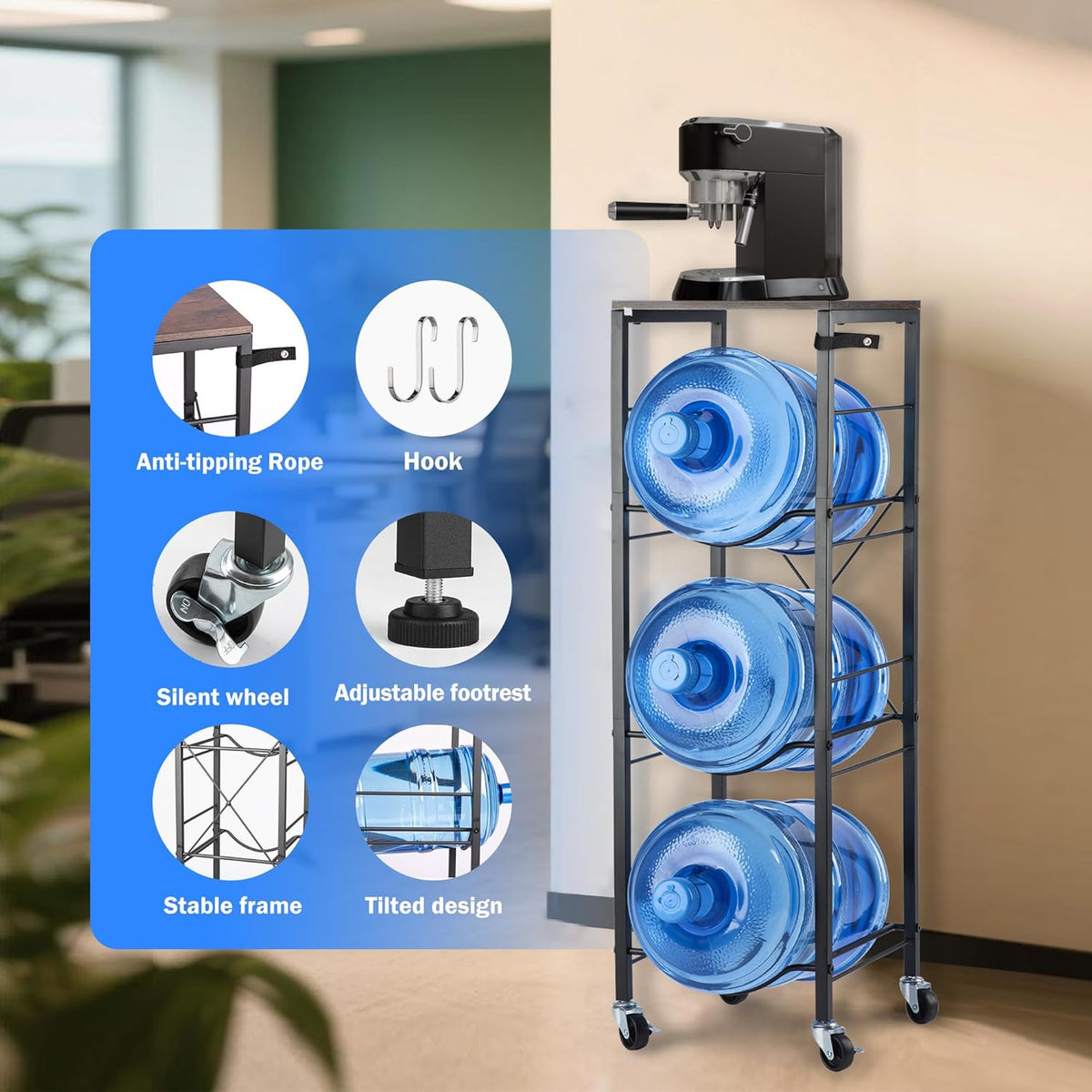3-Tier 5 Gallon Water Bottle Holder with Lockable Casters, Heavy Duty Water Jug Rack with Wood Top Shelf, Water Dispenser Stand for Kitchen, Office, Garage