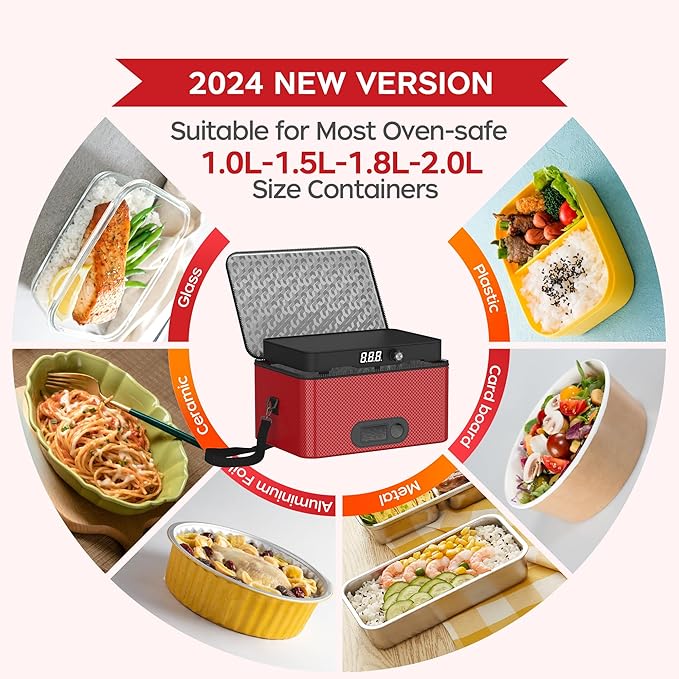 Portable Oven, 12V 24V 110V-240V Car Food Warmer Portable Personal Mini Oven Electric Heated Lunch Box for Meals Reheating & Raw Food Cooking for Road Trip/Camping/Picnic/Family Gathering(Red)