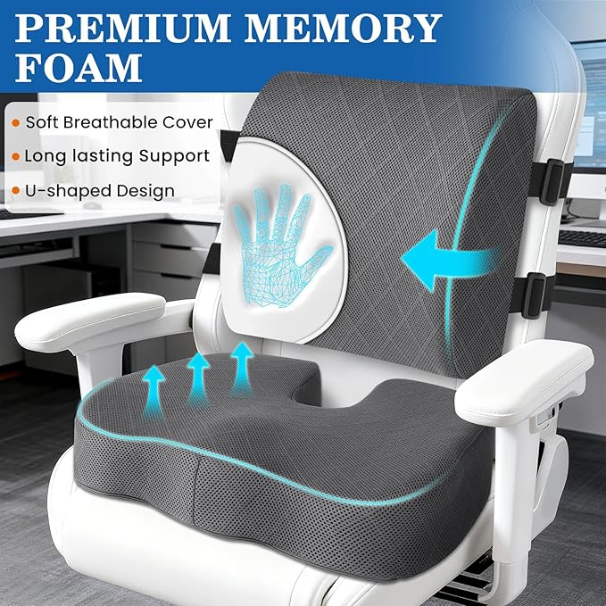 TushGuard Back&Seat Cushion, Car Seat Office Chair Cushions, Memory Foam Lumbar Back Support Pillow, Portable Airplane Seat Cushion for Travel, Computer Desk, Wheelchair, Driving (Grey, X-Large)