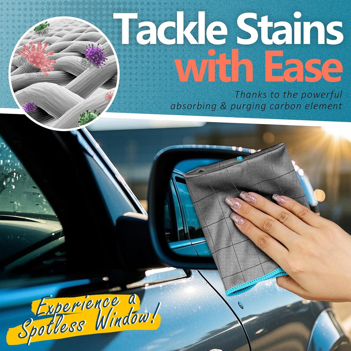 Airlab Carbon Microfiber Towels for Car Glass Window Polishing Cleaning Cloth Auto Detailing Lint Free Streak Free Drying Car Wash Towel, Pack of 3, 12" x 12", Grey-Blue