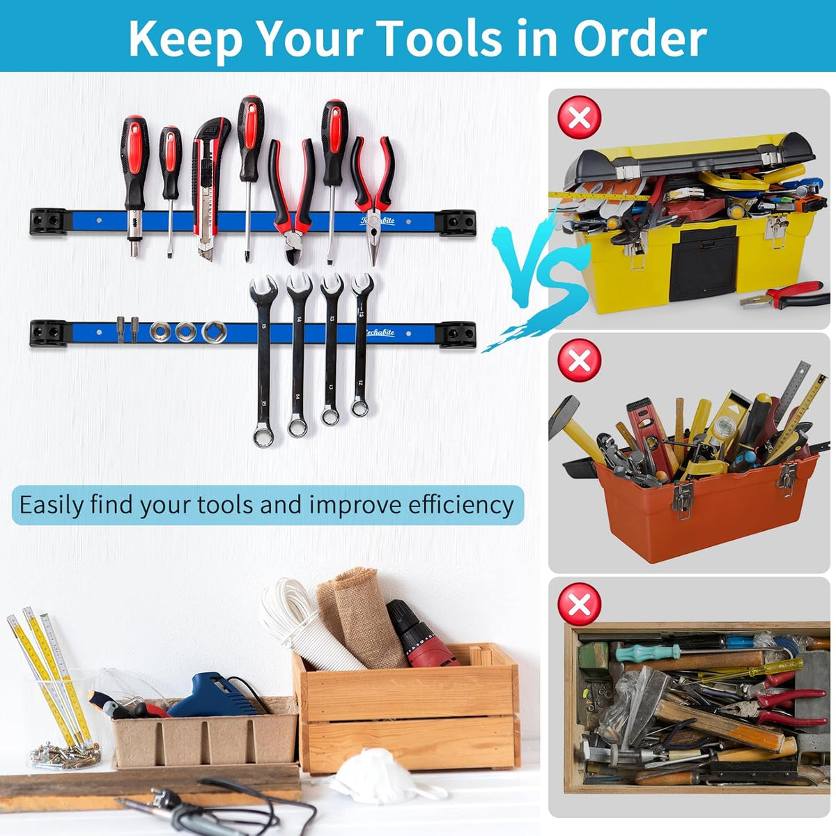 6 Pieces 18" Magnetic Tool Holder Strip, Blue Magnet Bar, Metal Tool Organizer Rack for Garage Organization, Easy To Install in Workshop, Mounting Screws Included