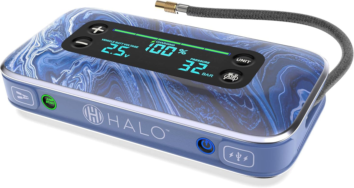 HALO Bolt Air+ 1750 Portable Car Battery Jump Starter | 130 PSI Air Compressor, 59.9Wh USB Power Bank, Large Display, Emergency Floodlight & Charger, Jumps Cars SUVs & Trucks, Inflates Tires — Blue