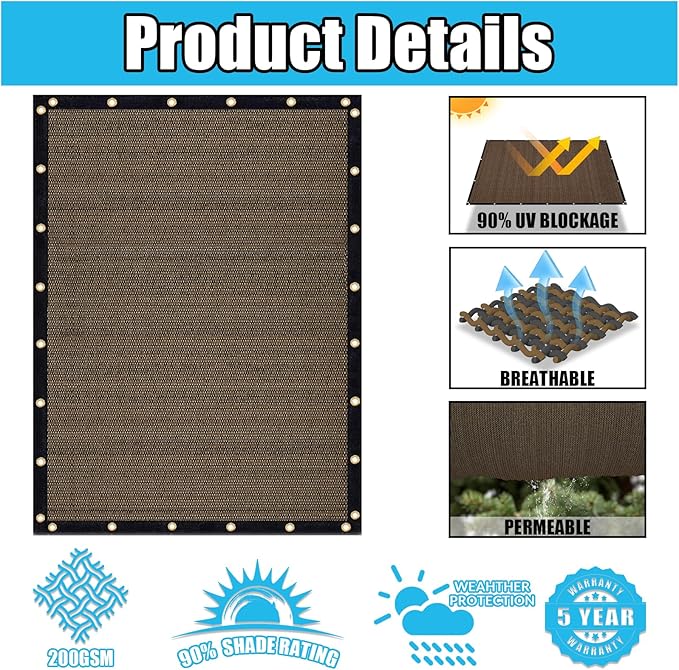 Amagenix 90% Shade Fabric 16'X 19' Mocha Sun Shade Cloth with Grommets for Pergola Replacement Shade Cover Canopy, Heavy Duty, Cable Zip Ties Included (We Customized)