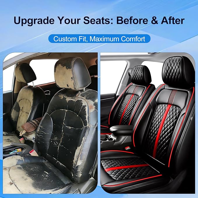 Fit Bolt Car Seat Covers (Front Pair) for Select Chevrolet Bolt/Bolt EUV 2017-2025 - Premium Full Coverage Leather, Airbag Compatible, Waterproof & All Weather Seat Cushion Protector, Red Trim