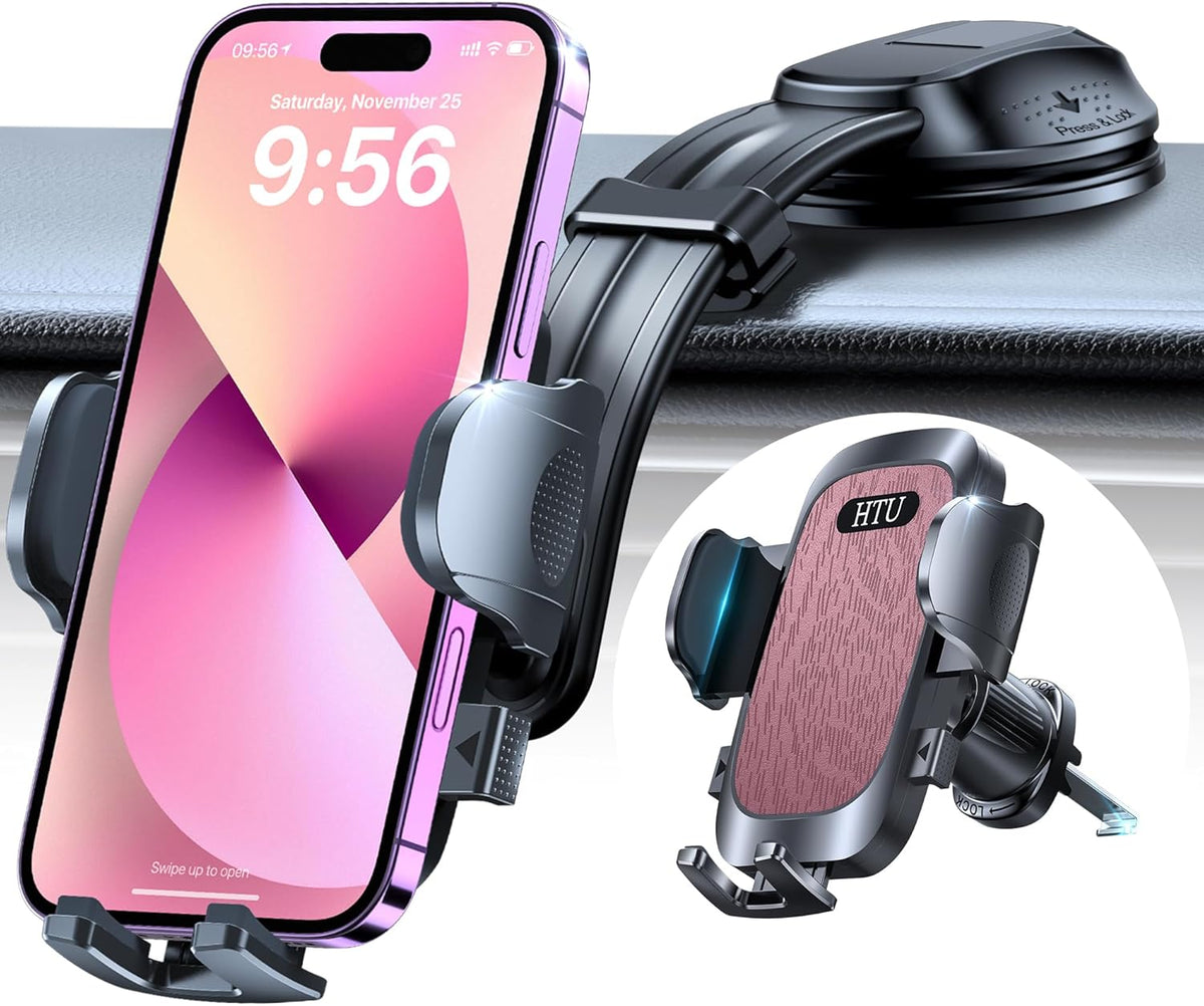 HTU Upgraded Strongest Suction Car Phone Holder Bendable Arm, Never Block View Rotatable Cellphone Mount for Dashboard Windshield Vent, Cradle Stand for iPhone 16 15 14 13 12 Pro Max (Dark Pink)