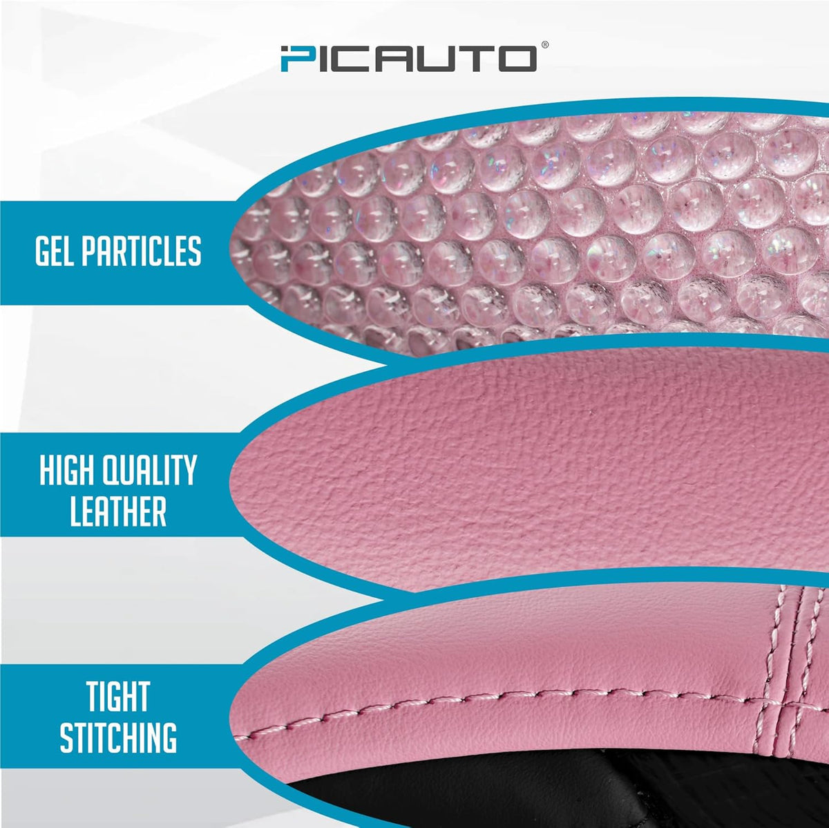 PIC AUTO Gel Particles Steering Wheel Cover, Pink Luxury Leather Car Steering Wheel Protector, Universal Fit 14.5"-15.5" Anti-Slip Car Interior Accessories for Girls & Women