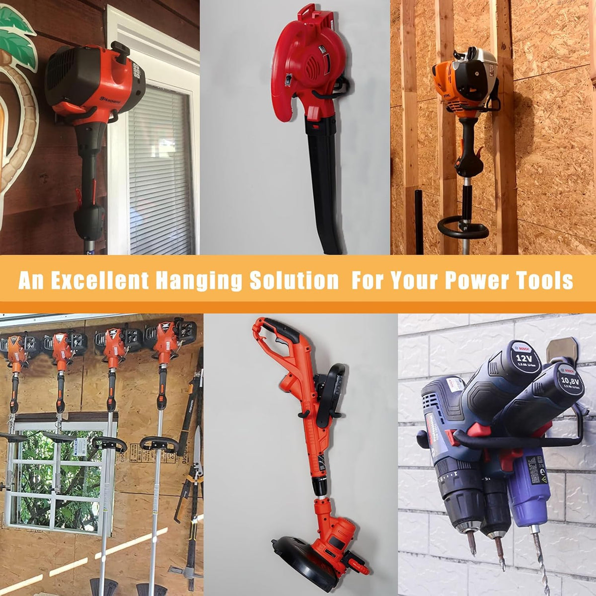 Garden Power Tool Hanger - Garage Wall Hooks, Weedeater & String Trimmer Hanger - Utility Hooks for Garage Tool Organizers and Storage - Black, 3 Pcs