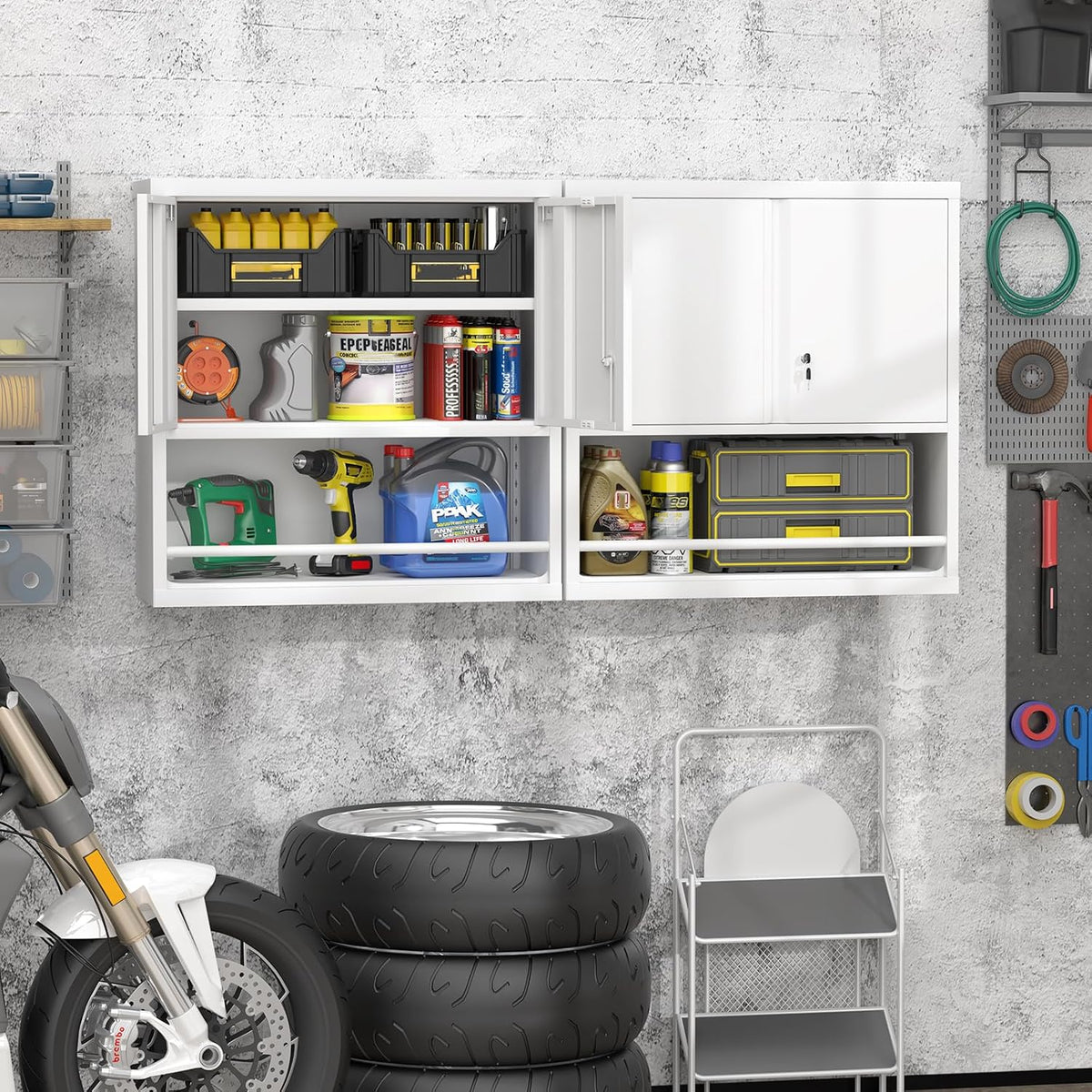 GREATMEET 31" H Locking Metal Garage Storage Cabinet with Doors and Shelves, Lockable Wall Cabinet Storage, White Steel Wall Mount Cabinet Hanging Floating for Office Utility Room