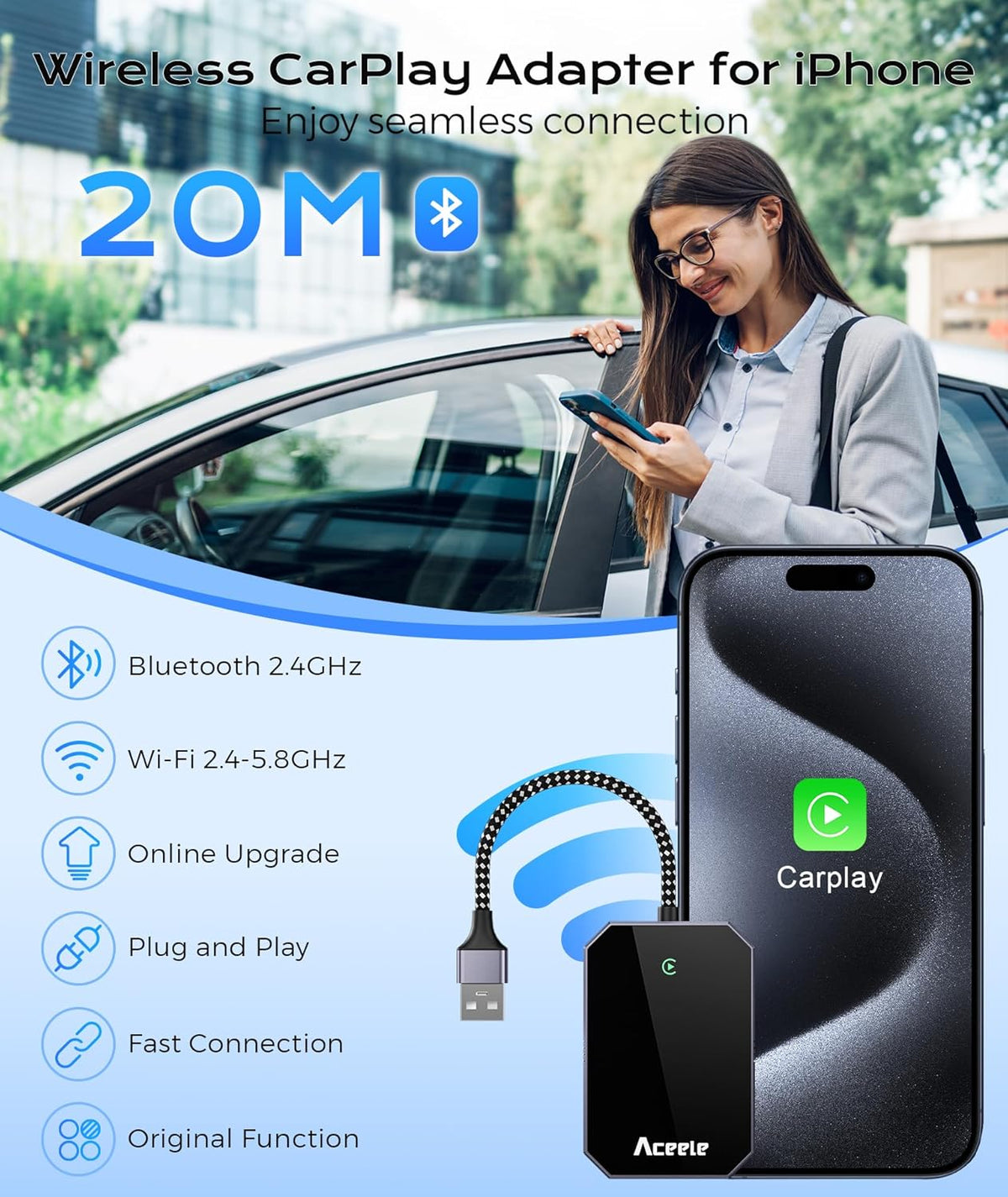 Wireless CarPlay Adapter for Apple iPhone, 2025 Upgraded Converts Wired to Wireless CarPlay with USB-C, 5.8GHz High-Frequency WiFi, Auto-Connect, Plug & Play, Multi-User Seamless Connection