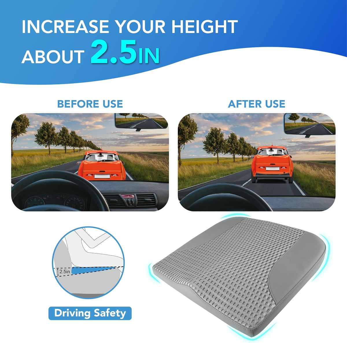 Car Seat Cushion, Comfortable Memory Foam Seat Pillow for Driving, Sciatica-Back Pain Relief, Cushion for Car-Truck, Office, Wheelchair - Dark Grey
