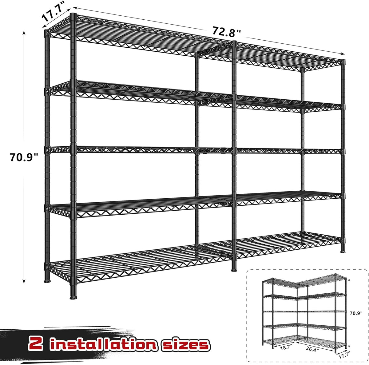 REIBII 72.8" W Storage Shelves Load 1600LBS, 5 Tier Metal Shelving Unit Wire Shelving for Storage Rack Heavy Duty Metal Shelves for Garage Pantry Kitchen, 17.7" D x 72.8" W x 70.9" H