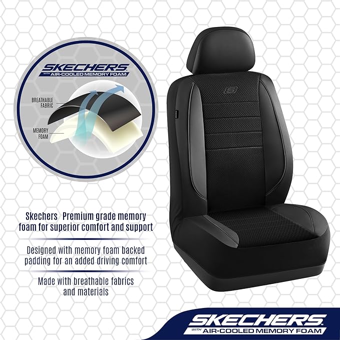 Skechers Air-Cooled Memory Foam Seat Covers,Mesh Thick Car Seat Covers,Piping Leather Car Seat Cover,Airbag Compatible,Automotive Comfort for Most Cars, Vans, Trucks, SUV(Black, Full Set)