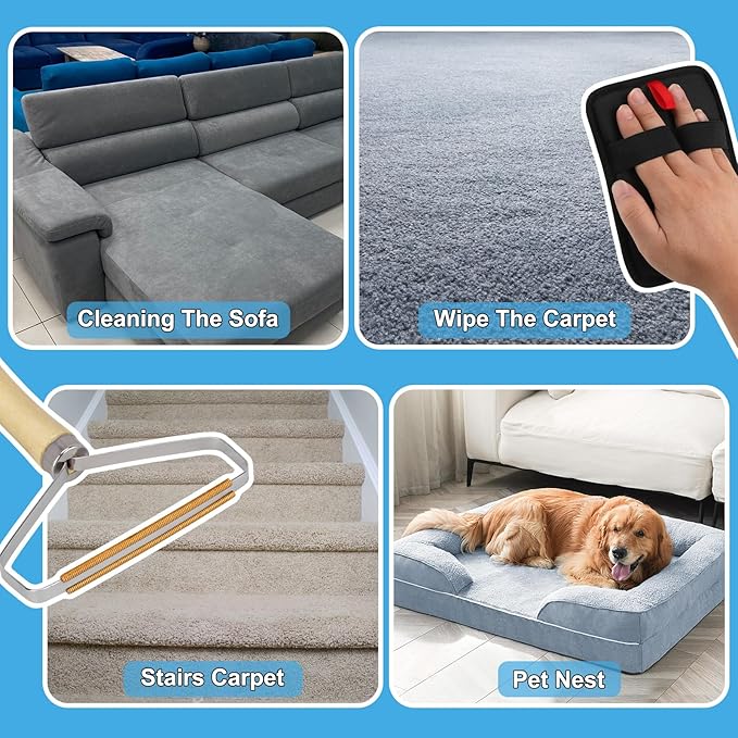 3 in 1 Carpet Rake for Pet Hair Removal, Reusable Pet Hair Remover Broom, 60'' Adjustable Long Handle Dog and Cat Hair Remover Tool Set of 3, Lint Remover Scraper for Carpets, Rugs, Mats, Couch, Car