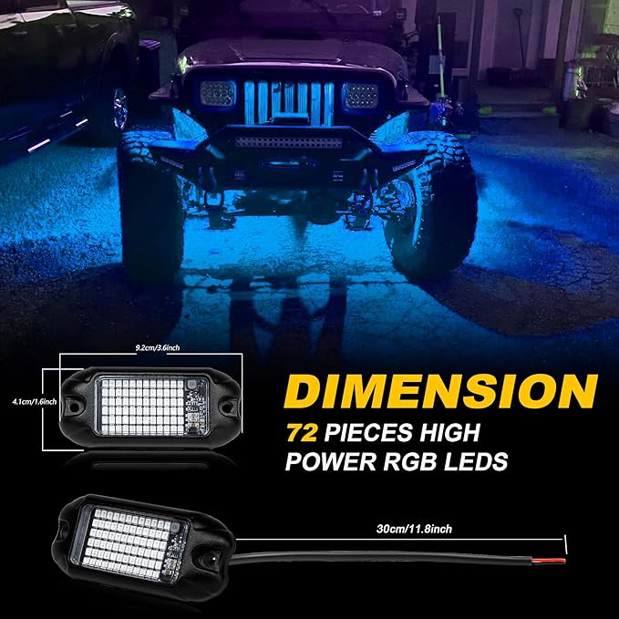 Nicoko 4Pods Pure Blue LED Rock Lights 72w high Power Rock Lights Neon Underglow Light for Car Trucks ATV UTV SUV Boat Underbody Glow Trail Rig Light IP68 Waterproof