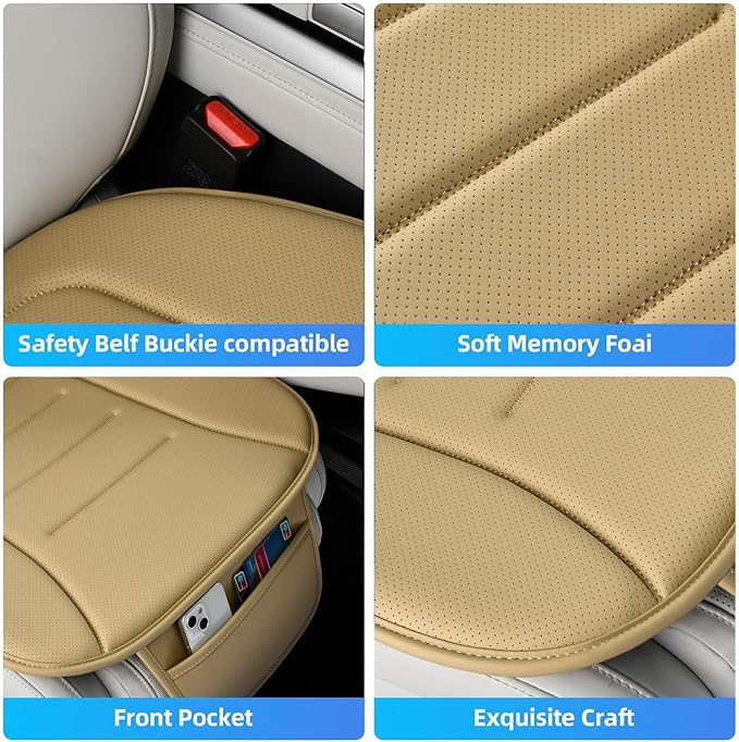 KAYI Car Seat Cushion, Comfort Memory Foam Car Cushions for Driving, Breathable Leather Surface with Anti Slip Rubber Bottom, Seat Cushion for Car and Office Chair (2 Pack, Beige)