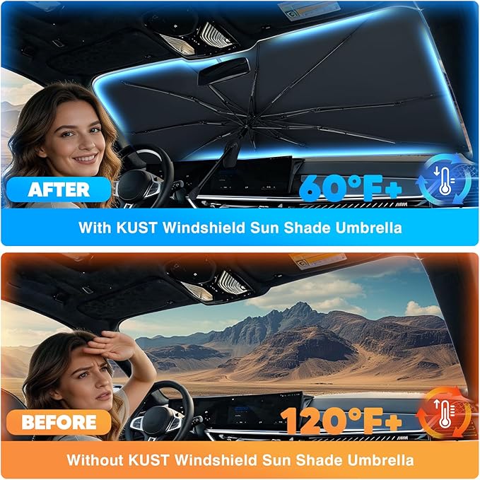 KUST Custom Fit Windshield Sun Shade Umbrella for 2019-2026 Dodge Ram 1500 2500 3500 | Foldable Sunshade with Bendable Handle | Blocks Heat & UV Scratch Resistant Keep Cool Sunshield