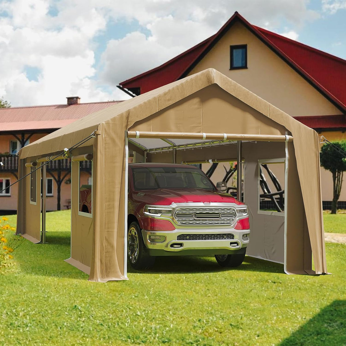 13x20ft Heavy Duty Carport Outdoor Canopy Portable Garage with 4 Doors & 4 Windows Waterproof UV Resistant Storage Shelter with Removable Sidewalls for Car Truck Boat, Earthy Yellow