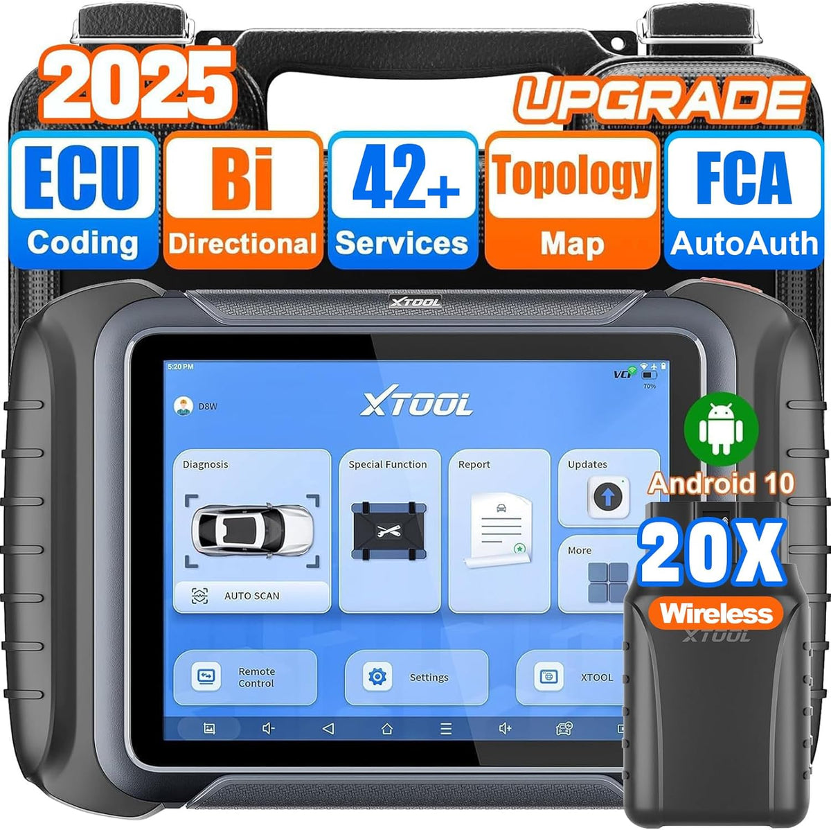XTOOL D8W Wireless Bidirectional Scan Tool, 2025 OBD2 Scanner with Topology, FCA AutoAuth, 3-Year Updates, ECU Coding, PMI, 42+ Resets, Full Diagnostic Scanner for Car, Crankshaft Relearn, CAN FD/DoIP