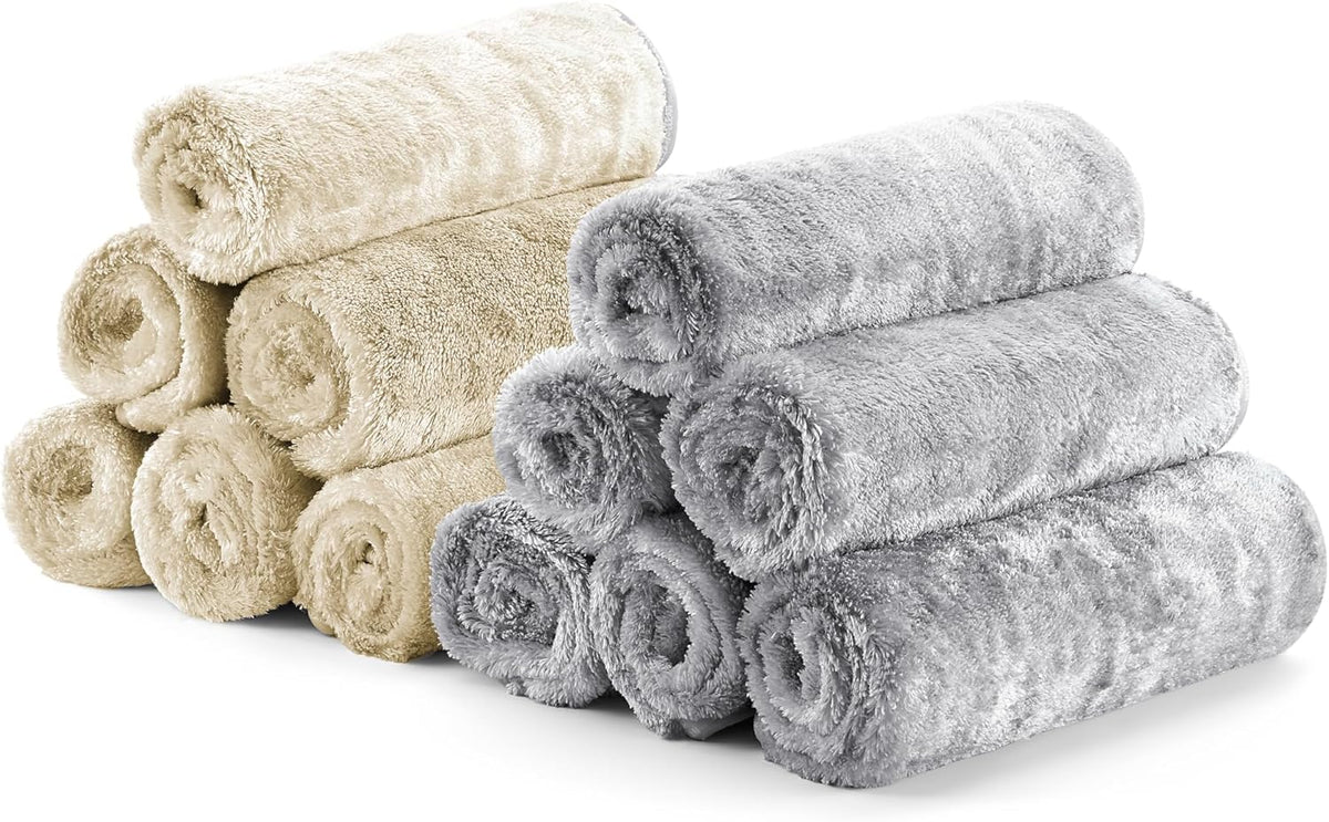 Fantasticlean Microfiber Car Detailing Towels, Car Drying Towel with Edge, Plush, Coral Fleece, 700GSM, 16" x 16", 12 Pack, Scratch-Free, Ultra Absorbent, Car RV Boat Home Cleaning (Grey and Camel)
