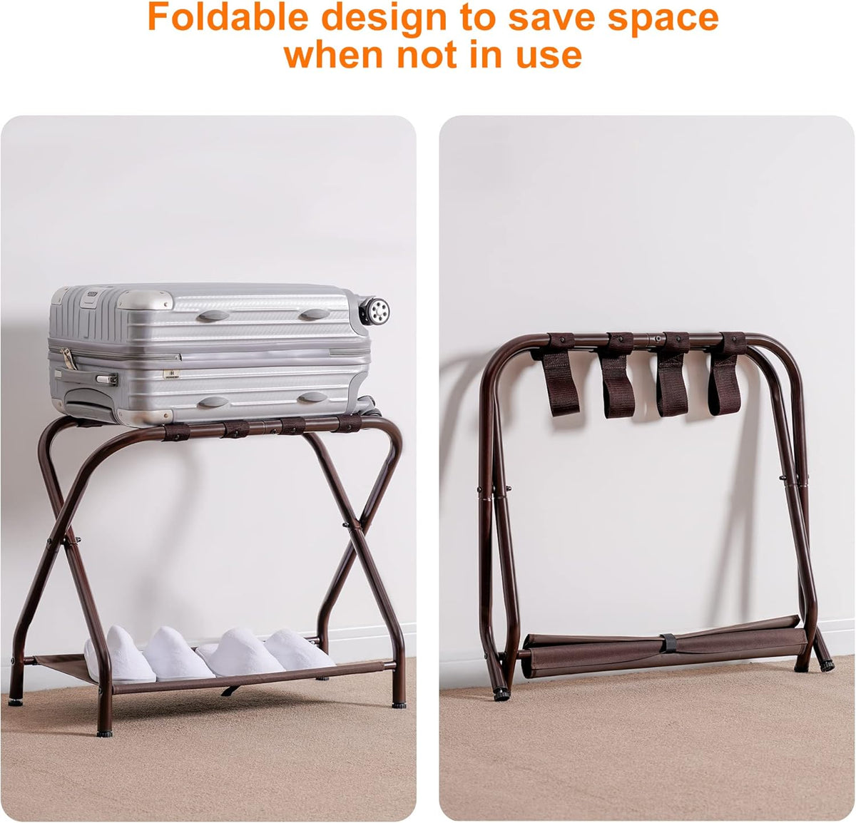 Heybly Luggage Rack, Steel Folding Suitcase Stand with Storage Shelf for Bedroom, Hotel, Foldable Steel Frame, Guest Room Bedroom Hotel, 22.8" L x 11.8" W x 20.9" H, Brown HLR004Z1