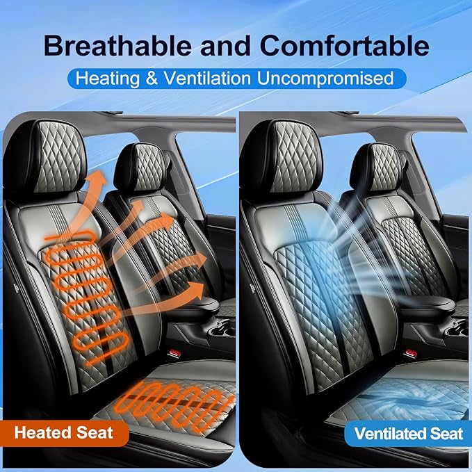 Fit Ridgeline Car Seat Covers for Select Honda Ridgeline 2007-2026 - Premium Full Coverage Leather, Airbag Compatible, Waterproof & All Weather Seat Cushion Protector, Full Set, Black+Gray