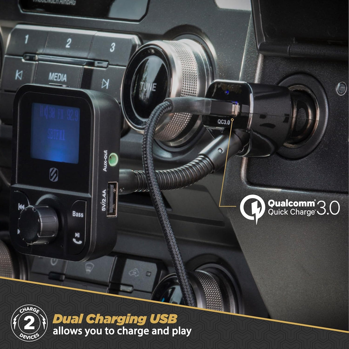 Scosche SBTFM1-XCES0 Bluetooth 5.0 FM Transmitter w/ Dual USB Charger Ports, LCD Screen, Adjustable Neck & Aux Port, Wireless Radio Bluetooth Adapter, Hands-Free Car Kit for Phone Calls & Music Player