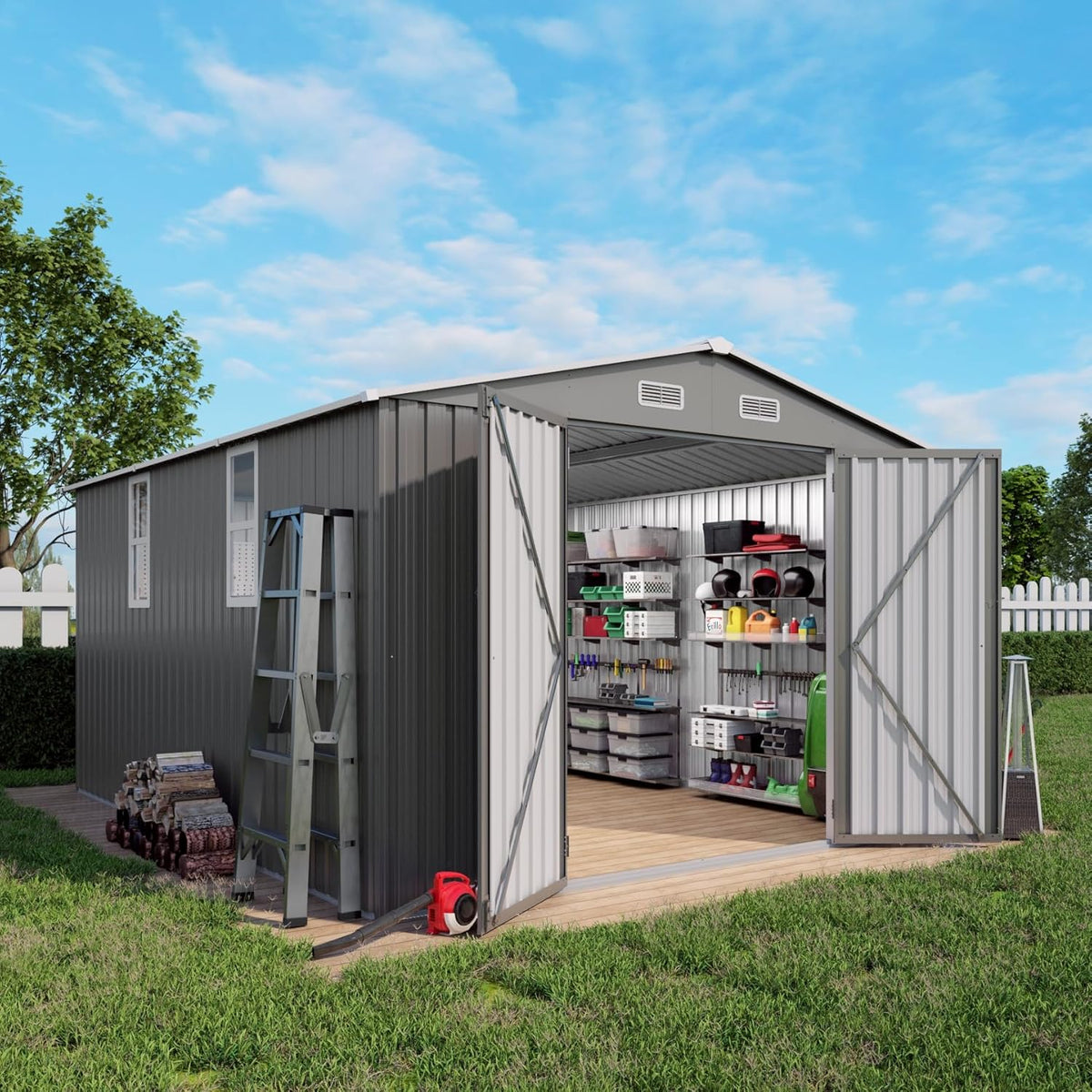 10x12x6.7FT Outdoor Storage Shed, Galvanized Steel Garden Shed with Lockable Door & Window, Waterproof Metal Tool Storage for Garden, Backyard, Patio, Lawn(Grey)