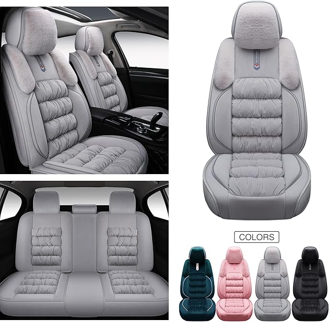 AOOG Fuzzy Car Seat Covers, Heated Bench Back Cushion Protector for Cars SUV Trucks(Full Set,Grey)