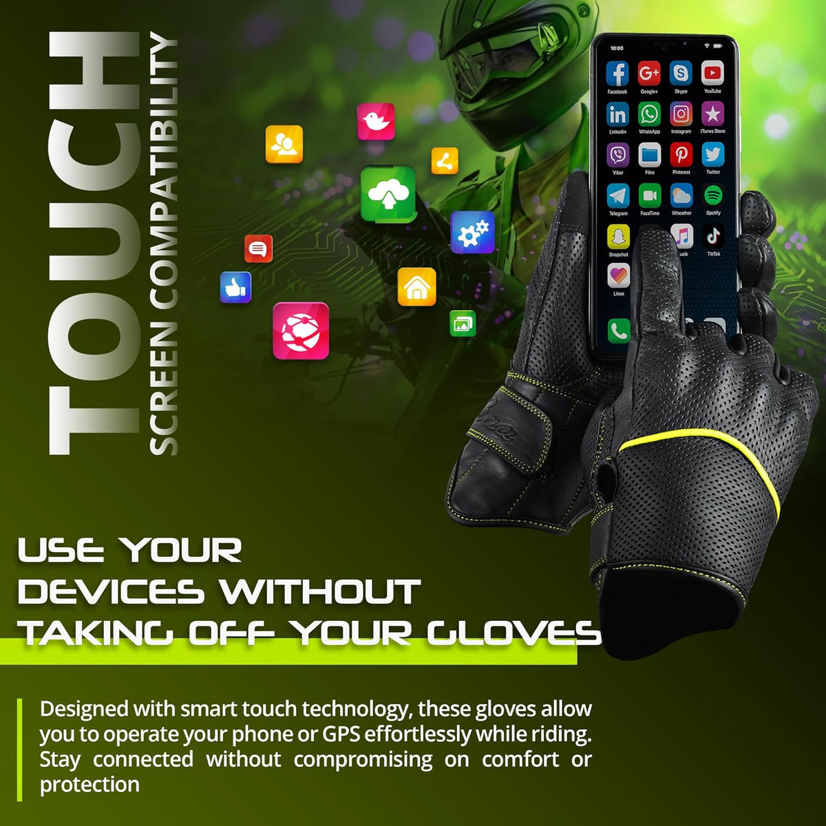 aasportx Motorcycle Gloves - Men's Leather Motorbike Gloves with Touchscreen Function - Non-Slip Pads for Men & Women