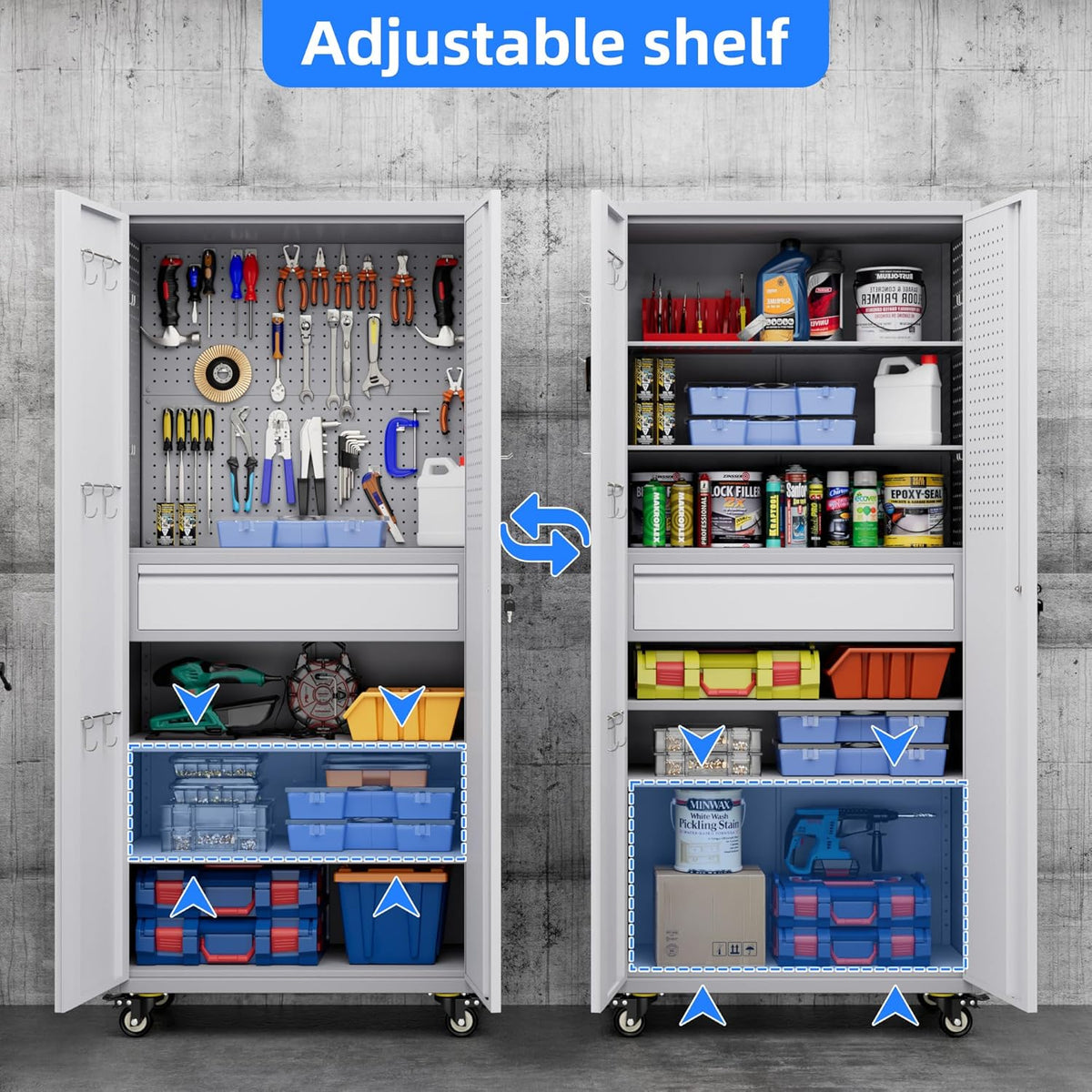 Garage Storage Cabinet with Locking Doors and 2 Adjustable Shelves, 71" H Metal Rolling Tool Storage Cabinet with Wheels, Drawer, Pegboard and 16 Hooks for Garage, Warehouse, White and Gray