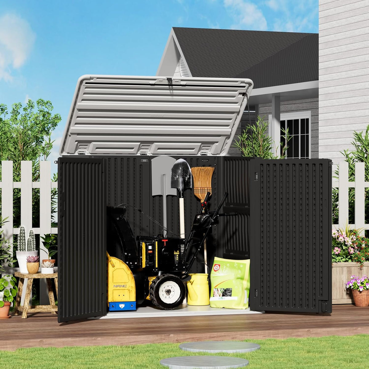 ZZM Large Outdoor Storage Shed, 48 Cu Ft Resin Versatile Storage Cabinet for Patio Accessories, Trash Cans & Garden Tools, Durable Horizontal Storage Box with Lockable Lid (Black)