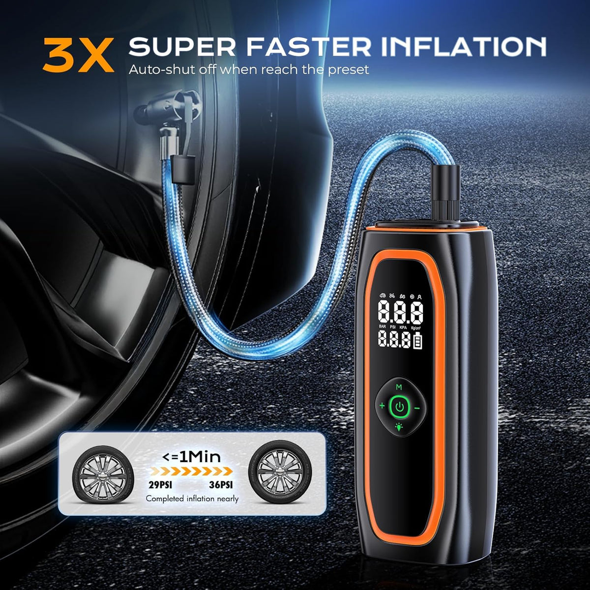 Tire Inflator Portable Air Compressor, 220PSI Air Pump for Car Tires with 26000mAh Battery, One Click Smart Air Pump Tire Inflator for Car, Motorcycle, Bicycle and More with Tire Pressure Gauge