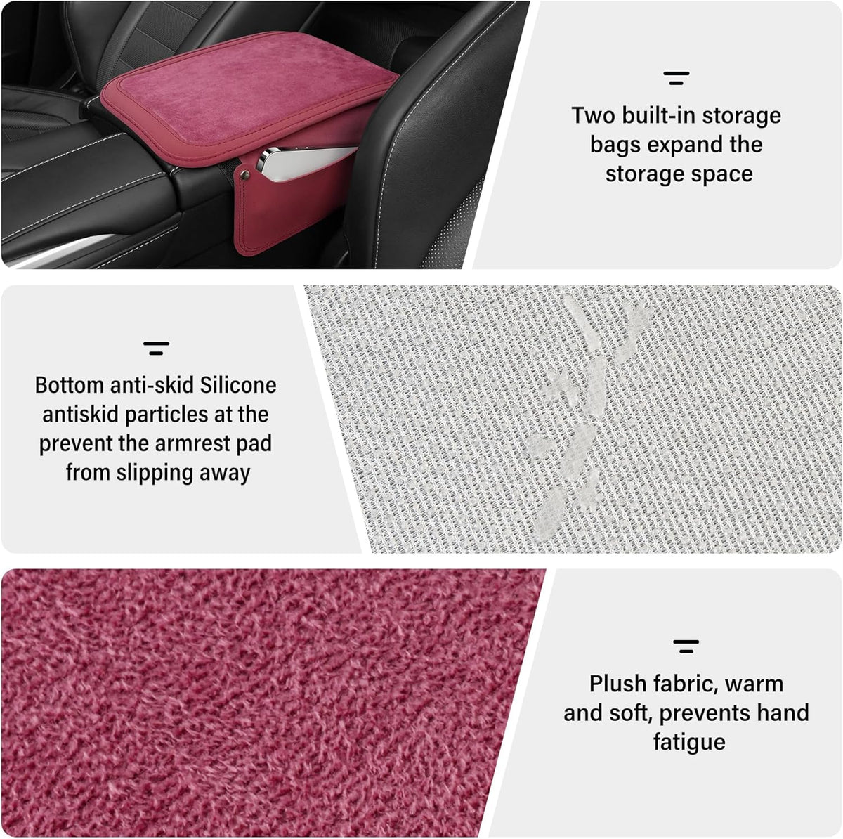 SINGARO Car Leather Center Console Cover with 2 Storage Bags, Universal Furry Fluffy Car Armrest Seat Box Pad, Comfortable Car Interior Accessories, Fits for Most Vehicles (Red)