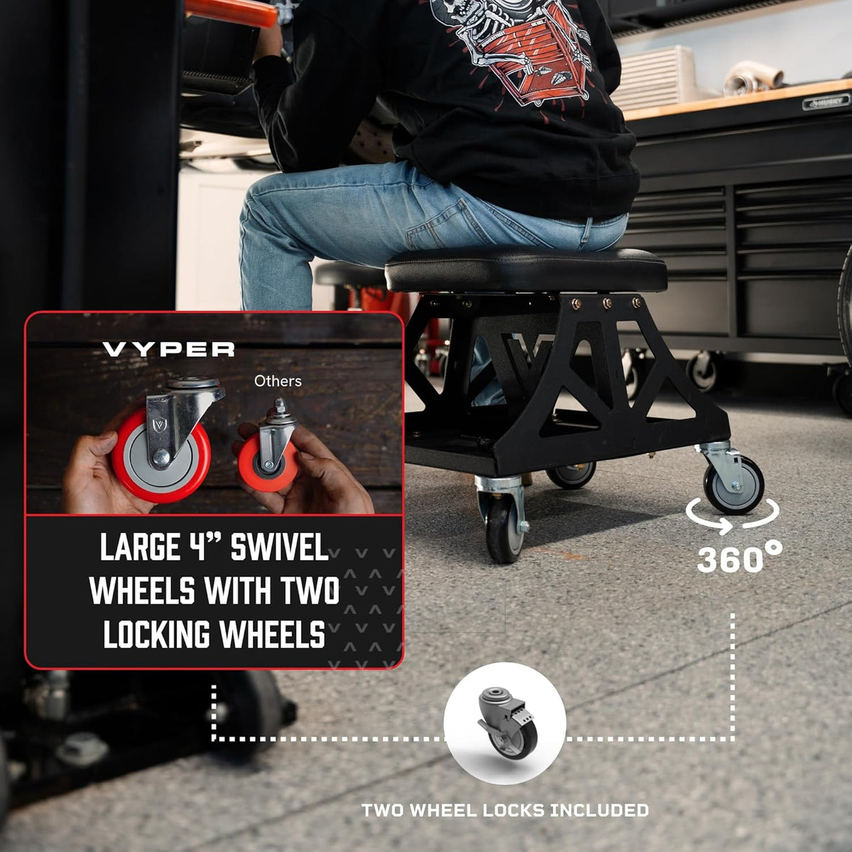Vyper Low Pro Garage Stool with Removable Seat for Mechanics, Automotive, DIY - 400 lb Capacity Rolling Shop Chair (Black Seat, Red Frame)