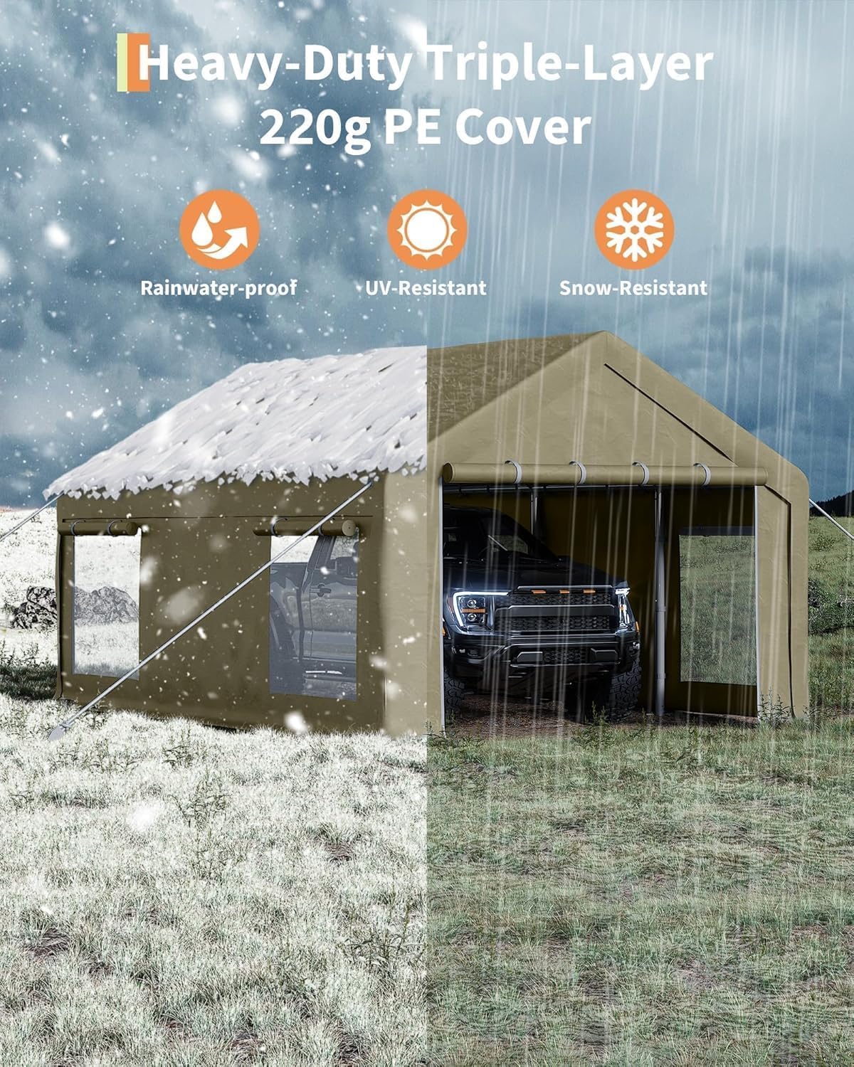 13 x 20ft Heavy-Duty Carport Canopy with Roll-Up Windows & DoorsThickened Wind Ropes, Ground Nails, Portable Car Tent Garage for Cars, Trucks, Boats, 180G Durable Tarp Cover,Yellow