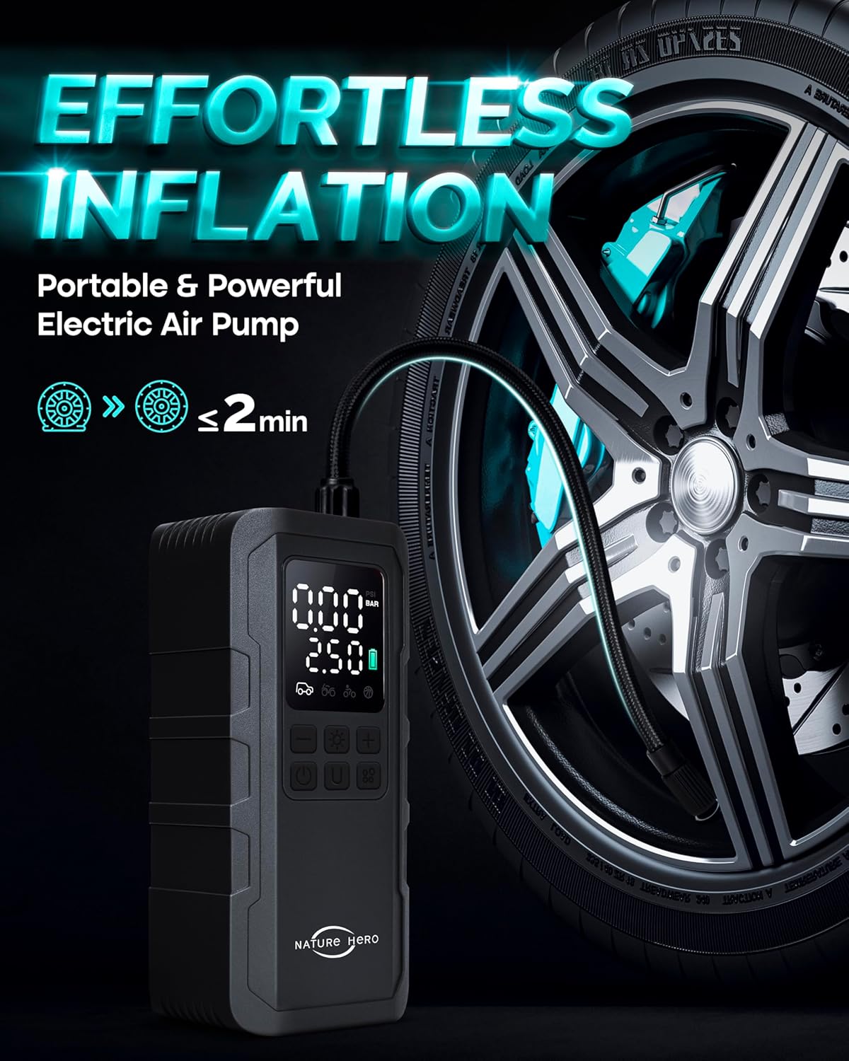 Tire Inflator Portable Air Compressor and Power Bank - 150PSI Compressor Portable Tire Inflator for Car, Motorcycle, Bicycle, Balls - Car Air Pump，Black