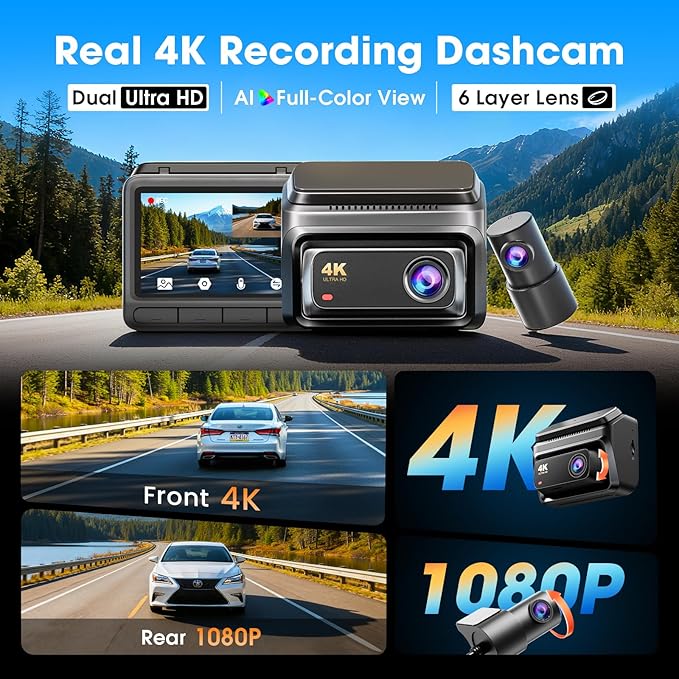 DDPAI 3 Channel Dash Cam Front and Rear, 4K+2K+1080P Triple Dashcam for Cars with Dual 32G eMMC Storage Car Camera Dashcam, GPS,WiFi 6,3" IPS, AI ISP Night Vision,7 Days Parking Mode,Z60 πlink