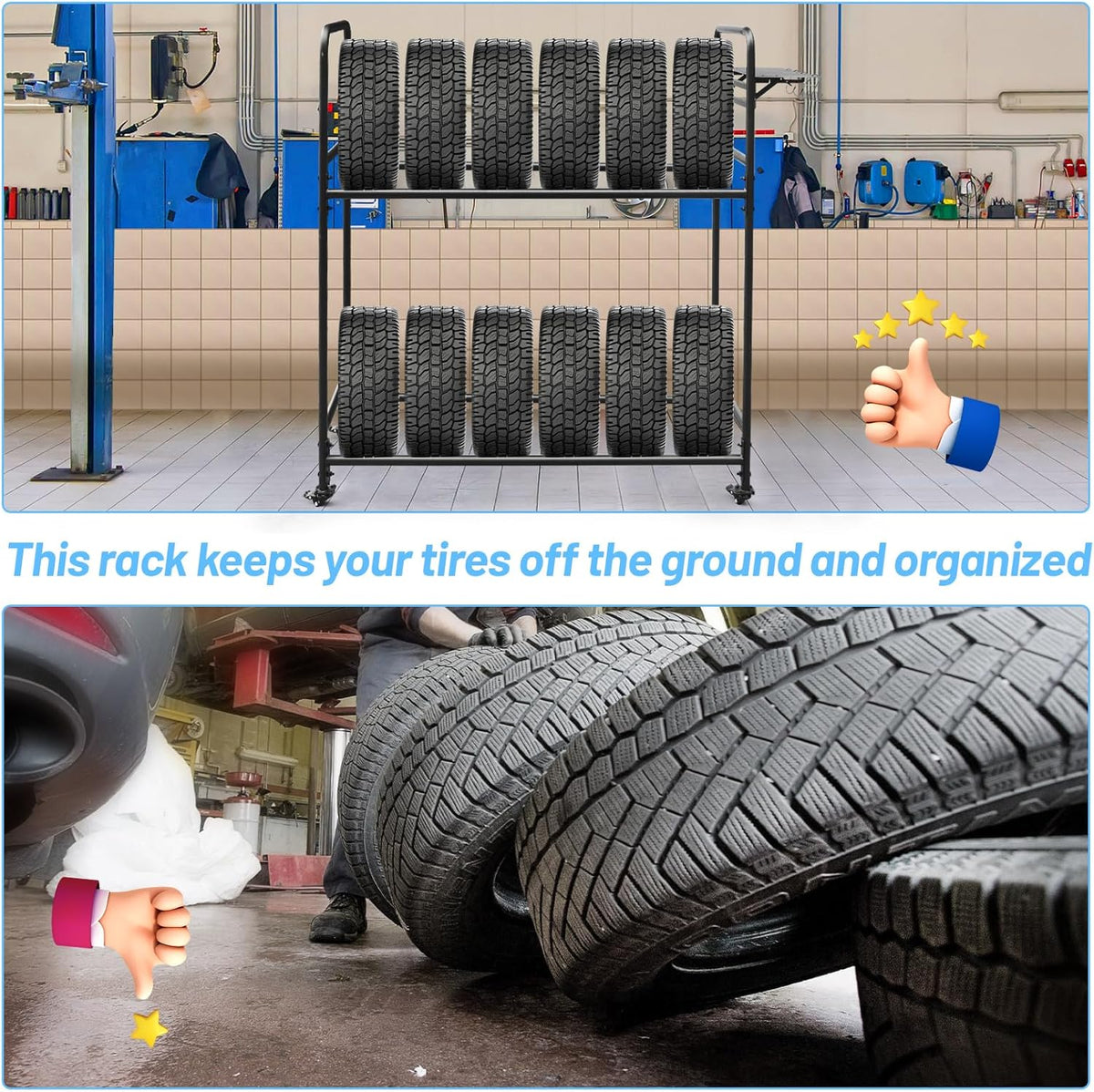 Rolling Tire Rack for Garage, Adjustable Metal Tire Rack with Foldable Heavy-Duty Hole Board, 4 Self-Locking Swivel Casters, 59” Height, 660 Pound Capacity
