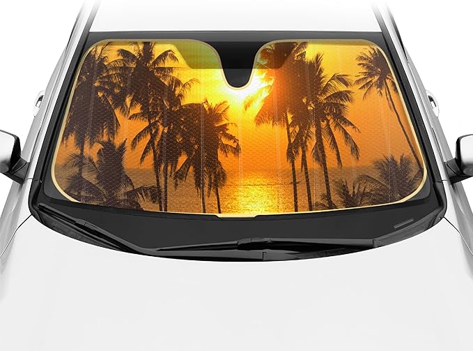 BDK Golden Sunset Palm Trees Front Windshield Sun Shade Accordion Folding Cute Car Window Shades for Truck & Car Sunshade Shield for Sun UV Rays - Visor Protector Keeps Vehicle Cool - 58 x 27 inches
