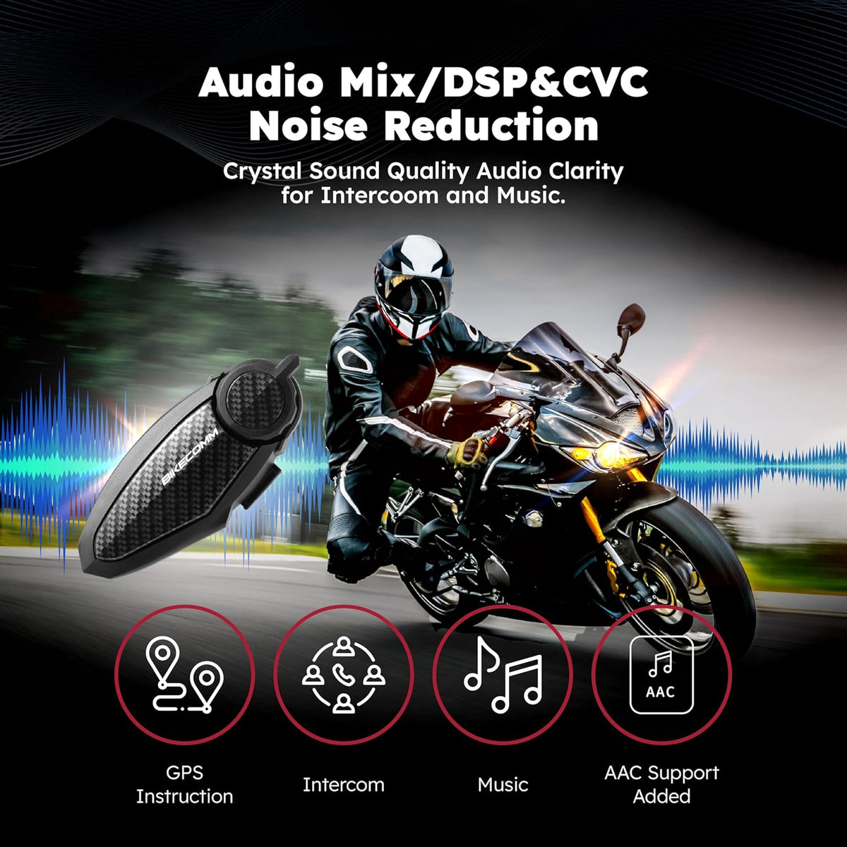 BK-S2 Motorcycle Bluetooth Intercom Headset - Helmet Communication System, Waterproof Speaker, Voice Comm Earbuds, Helmet Headphone, Noise Cancellation (Single Carbon)