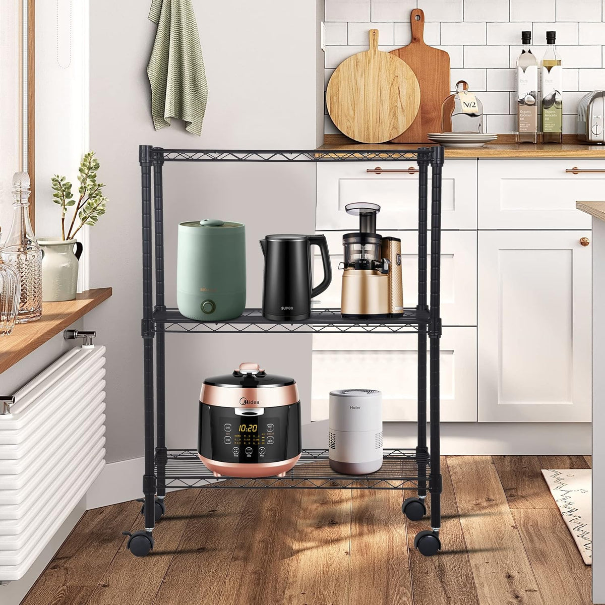 BestOffice 3-Tier Adjustable Wire Shelving Storage Shelves Heavy Duty Shelving Unit with Wheels for Small Places Kitchen Garage Balcony,Black