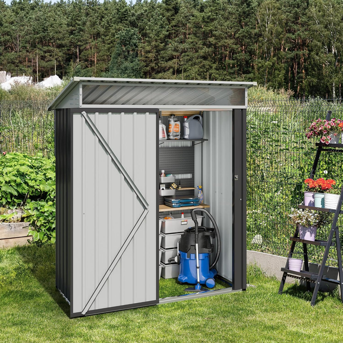 JYQAQA 5x3 FT Outdoor Garden Storage Shed, Waterproof Metal Garden Sheds with Window and Lockable Double Door, Weather Resistant Steel Tool Storage House Shed for Patio, Lawn Dark Gray