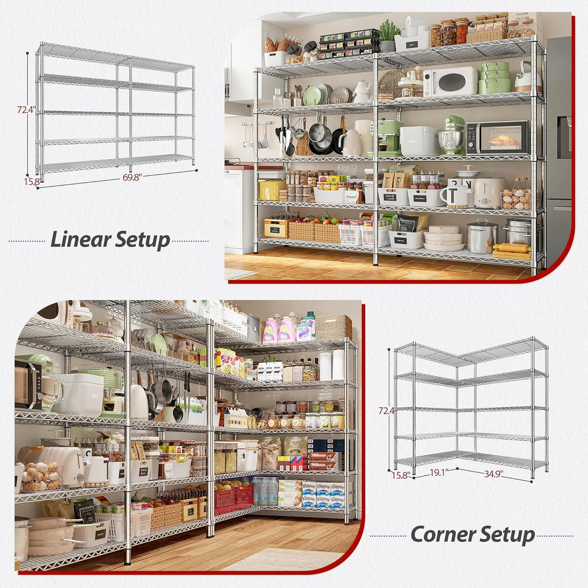 REIBII 69.8" W Storage Shelves 1510LBS Wire Shelving Unit 5 Tier Metal Shelving for Storage Rack Shelves Adjustable Heavy Duty Garage Shelf Pantry Shelves Kitchen Shelving,69.8"Wx15.8"Dx72.4"H,Chrome