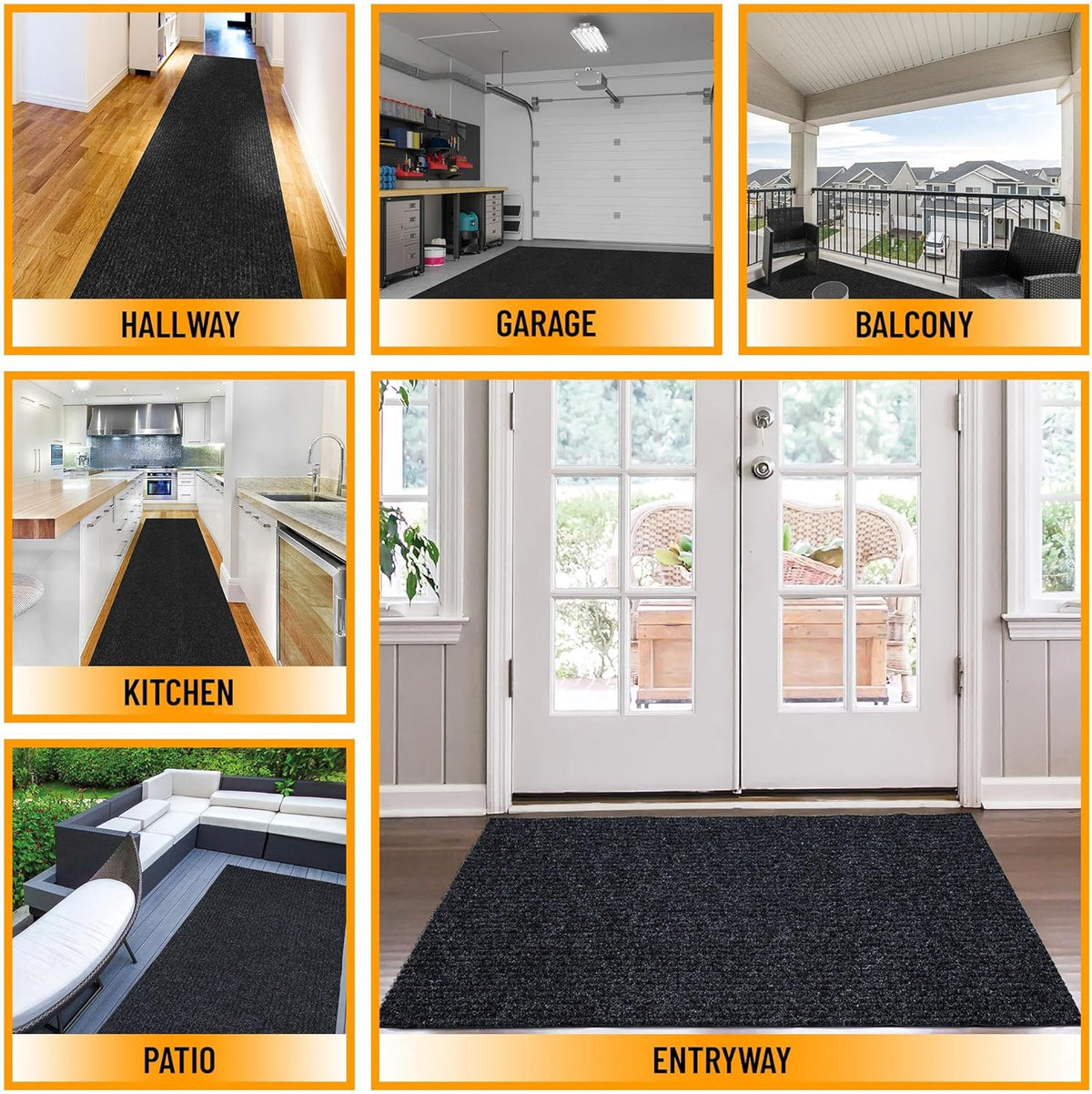 Ottomanson 2'7" x 13' Hallway Runner with Scraper Pile - Extra Durable Non-Slip Rug Mat for Indoor & Outdoor Use - Ideal for Kitchen, Entryway & Garage - High-Traffic Carpet, Black