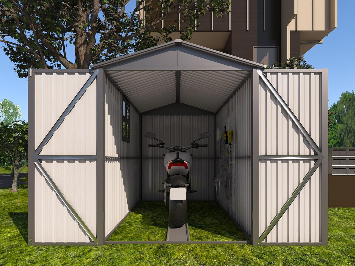 Motorcycle Steel Storage Shed with Window & Tracks,Outdoor Weather-Resistant Storage Box for Bikes, Tools, Sports Equipment,Easy Assembly, 121" W Gray