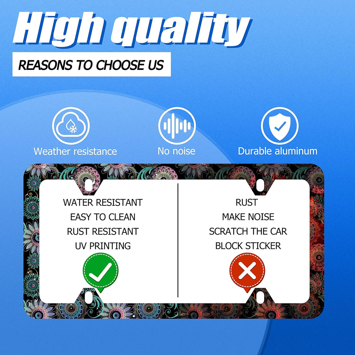 Mandala Flower License Plate Frame License Plate Stainless Steel Parts Funny License Plate Decorative with Screws Size 12.3" x 6.3" for Men Women