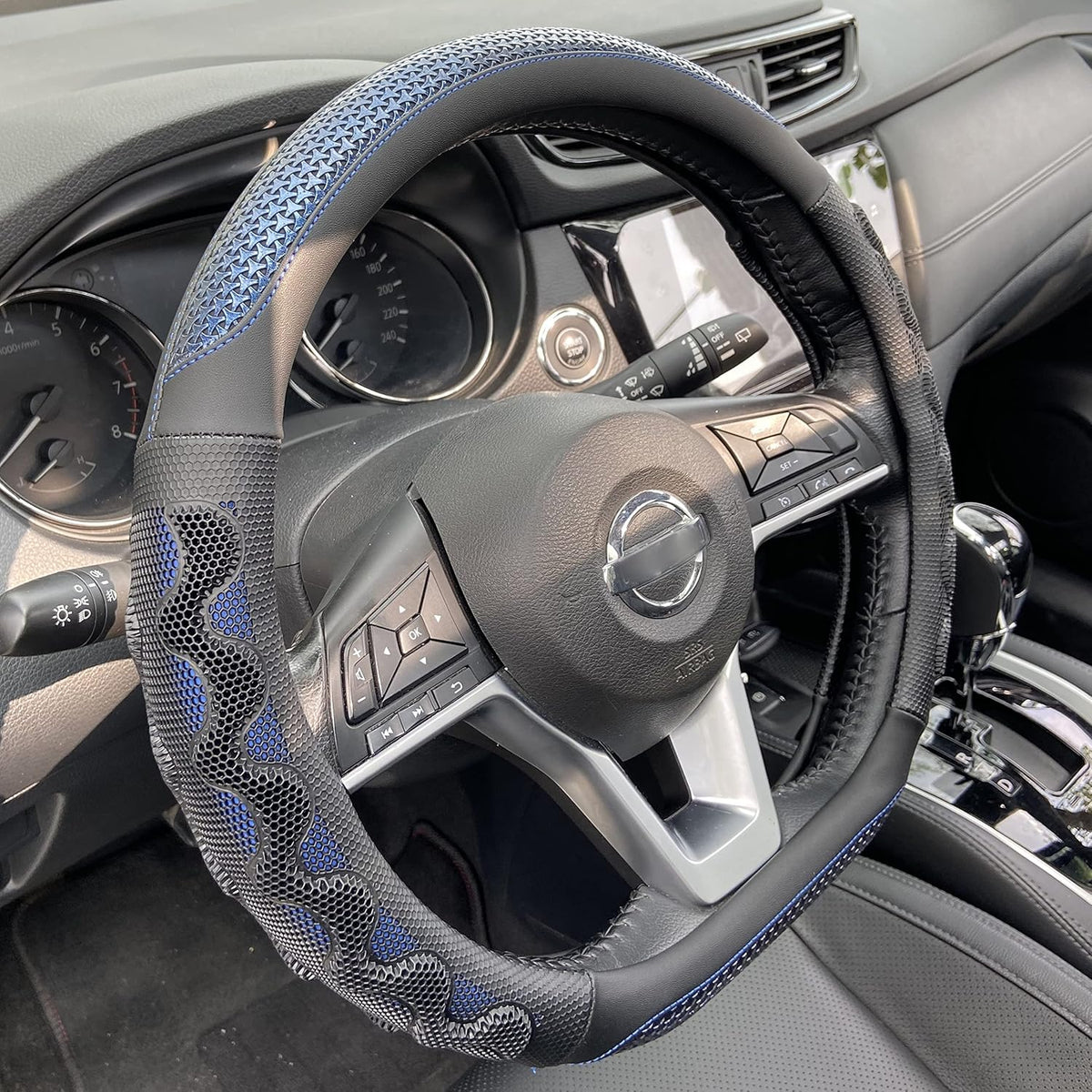 PINCTROT D Shaped 14.5-15 Inch Steering Wheel Cover Great Grip with 3D Honeycomb Anti-Slip Design, Flat Bottom 14.5-15 Inch (Blue)