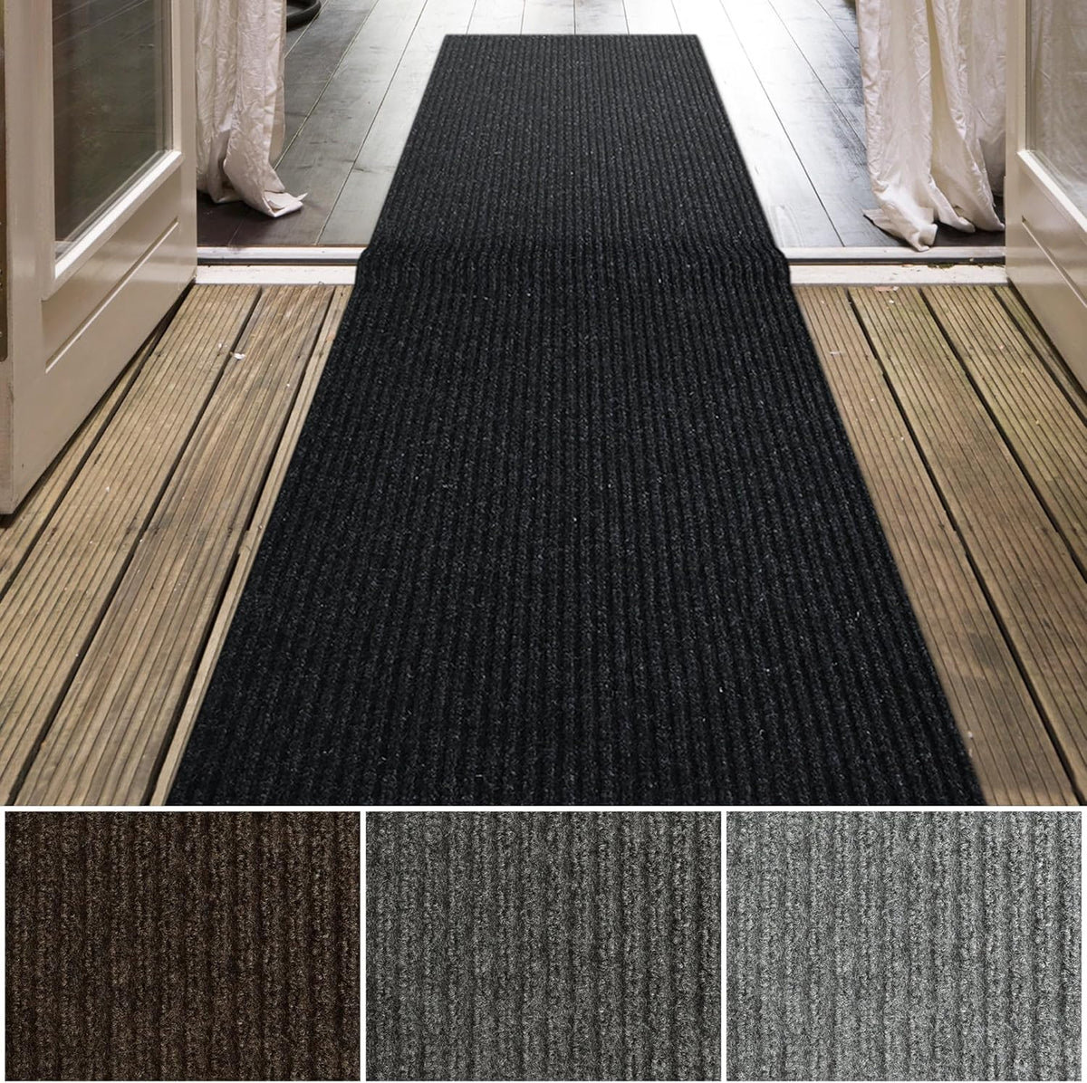 iCustomRug Spartan Weather Warrior Indoor/Outdoor Utility Ribbed Carpet Runner with Non-Slip Thermoplastic Rubber Backing, 28in X 76ft in Black